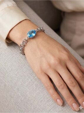 Stainless Chain Bracelet with Blue Oval Gemstone